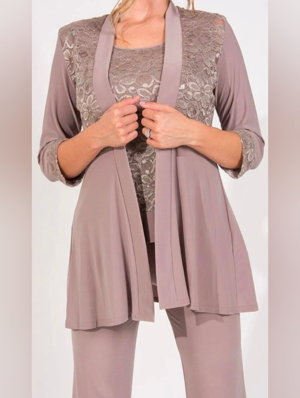 Women's Light plum Lace-Panel 3-Piece Pant Suit. R & M Richards 7772